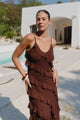 Galore Chocolate Bias Ruffle Slip Maxi Dress