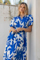 Dusk Bright Blue Abstract Puff Short Sleeve Maxi Shirt Dress