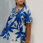 Antic Bright Blue Abstract Button Front SS Top