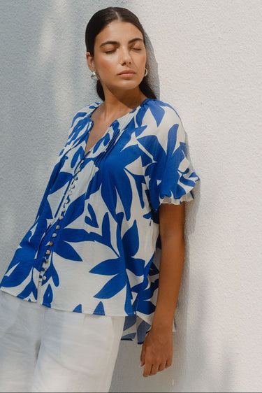 Antic Bright Blue Abstract Button Front SS Top