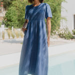 Wren Cornflower Blue Linen SS Shirred Bodice Midi Dress