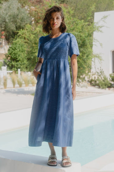 Wren Cornflower Blue Linen SS Shirred Bodice Midi Dress