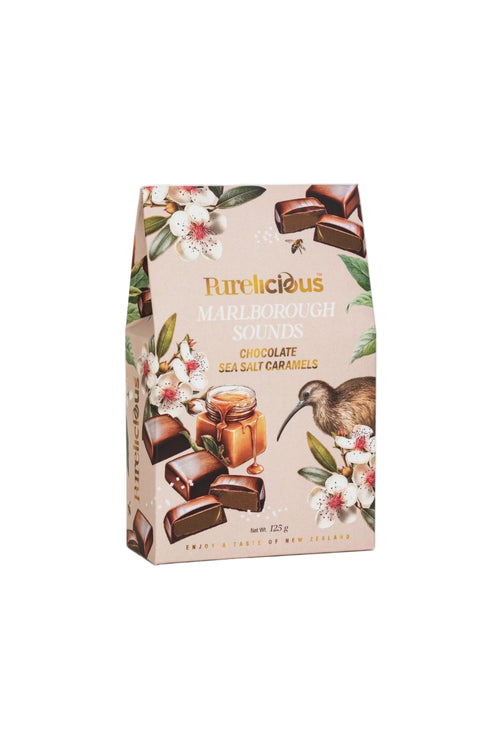 Rudlicious chocolate packaging with floral and caramel illustrations on a white background