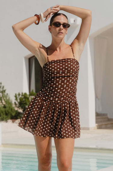 chocolate brown polka dot ruched mini dress