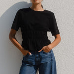 Svelte Black Shirred Detail SS Tee