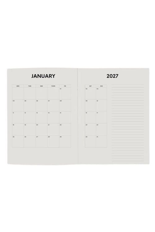 An open monthly calendar spread showing January 2027, with a grid calendar on the left page and lined writing space on the right page, photographed on a plain white background.