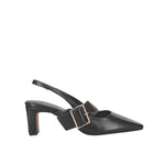 Black slingback shoe with a gold buckle on a white background