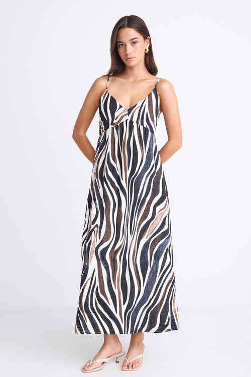A strappy dress with a tie-back detail and bold chocolate and cream zebra print. Fully lined for comfort, made from a soft viscose-nylon blend.