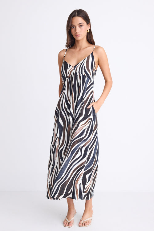 A strappy dress with a tie-back detail and bold chocolate and cream zebra print. Fully lined for comfort, made from a soft viscose-nylon blend.