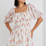 Sol White Bright Floral Puff Sleeve Mini Dress