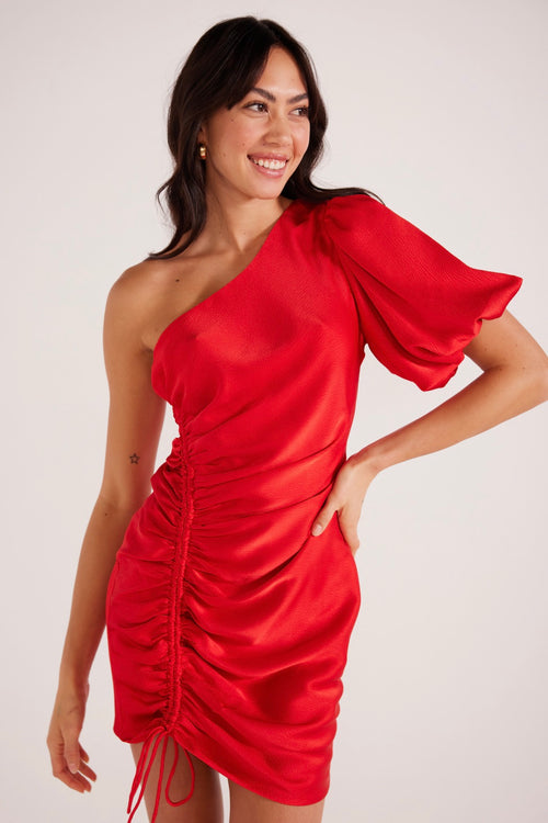 Red Satin One Shoulder Mini Dress