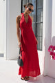 Southern Red Linen Tie Neck Halter Maxi Dress