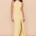 Summon Soft Yellow Textured Scoop Split Maxi Dress