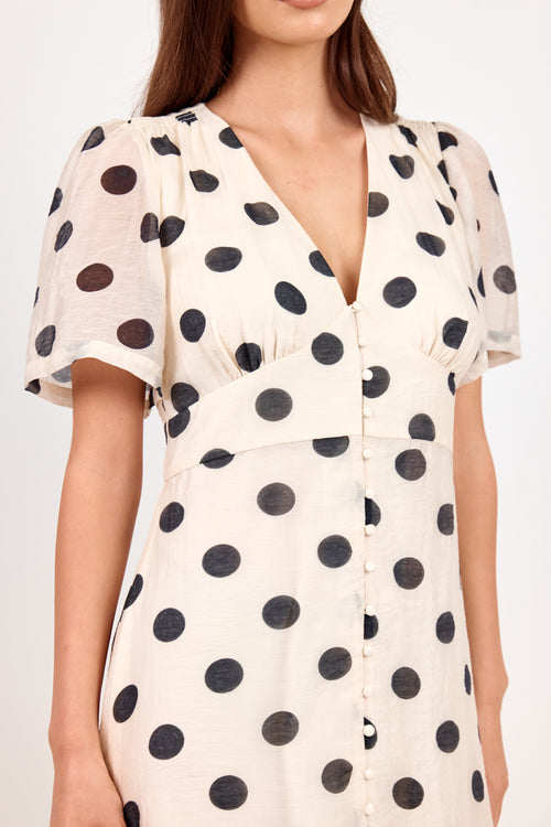 A woman wearing a short-sleeve cream dress with large black polka dots and a button-front V-neckline, shown against a plain light background.