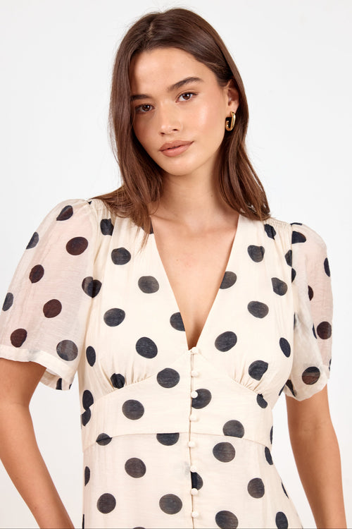 A woman wearing a cream-colored short-sleeve dress with black polka dots, featuring a deep V-neckline and puff sleeves, set against a plain light gray background.