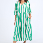 model wears green stripe midi dress