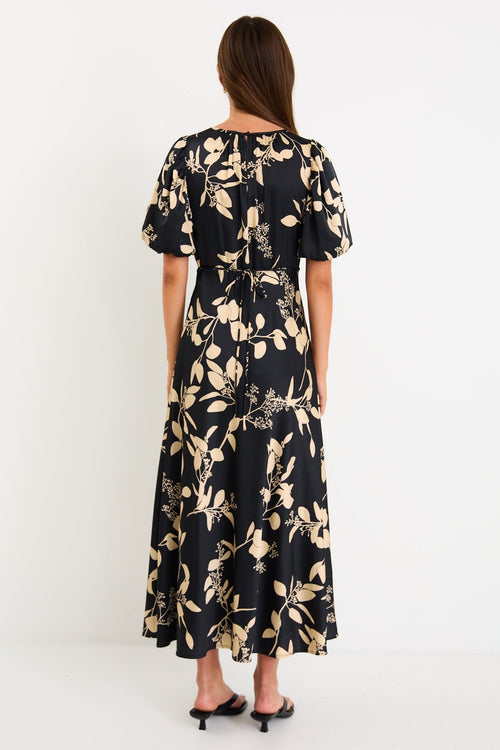 Stage Black Beige Floral Satin Puff Slee