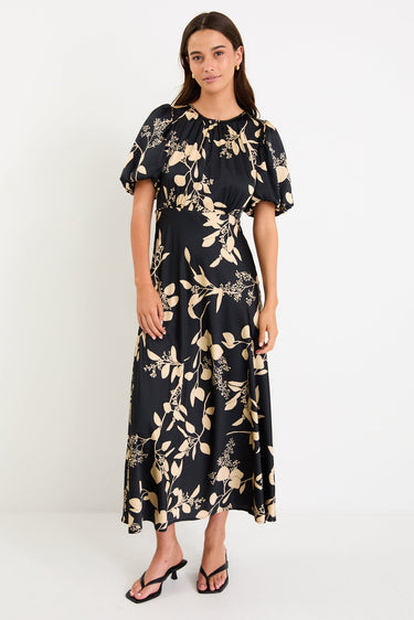 Stage Black Beige Floral Satin Puff Sleeve Floaty Maxi Dress