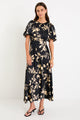 Stage Black Beige Floral Satin Puff Sleeve Floaty Maxi Dress