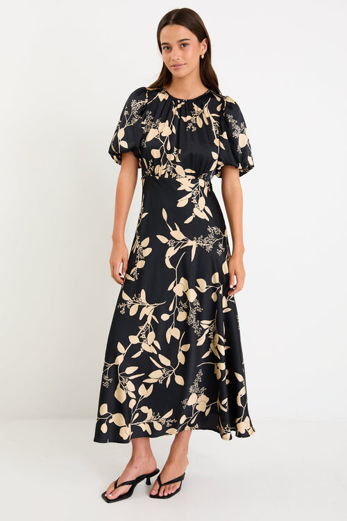 Shop Stage Black Beige Floral Satin Puff Sleeve Floaty Maxi Dress Shop Stage Black Beige Floral Satin Puff Sleeve Floaty Maxi Dress