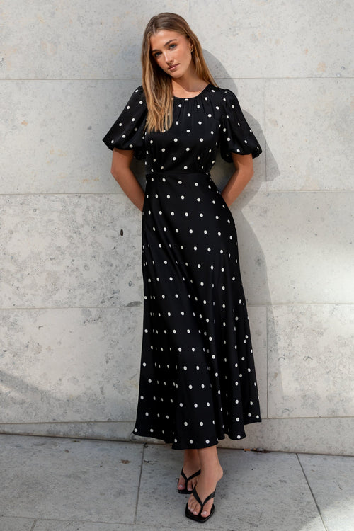 Shop Stage Black Polka Dot Puff Sleeve Floaty Maxi Dress | Flo & Frank Shop Stage Black Polka Dot Puff Sleeve Floaty Maxi Dress | Flo & Frank