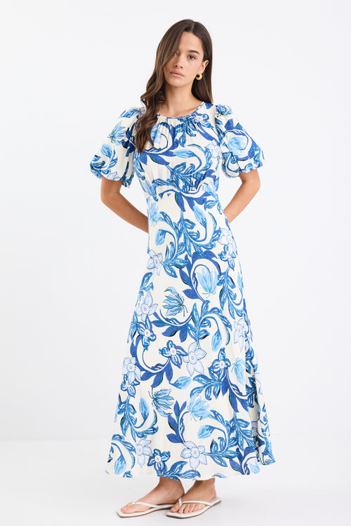 Shop Stage Blue Floral Puff Sleeve Floaty Maxi Dress | Flo & Frankie Shop Stage Blue Floral Puff Sleeve Floaty Maxi Dress | Flo & Frankie
