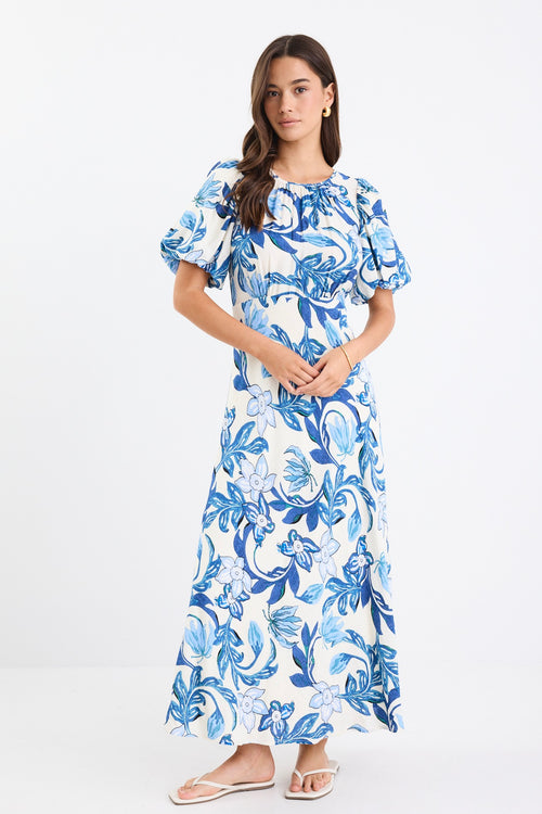Shop Stage Blue Floral Puff Sleeve Floaty Maxi Dress | Flo & Frankie Shop Stage Blue Floral Puff Sleeve Floaty Maxi Dress | Flo & Frankie