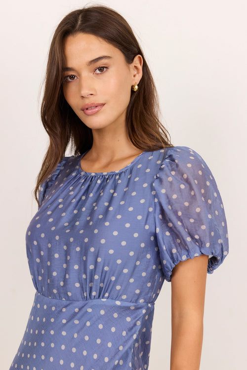 A woman wearing a dusty blue short-sleeve dress with a white polka dot pattern, featuring a gathered neckline and puff sleeves, set against a plain off-white background.
col_pattern