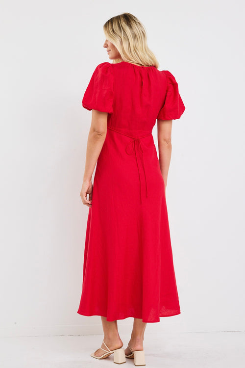 red dress with white heels Shop Stage Cherry Puff Sleeve Floaty Maxi Dress