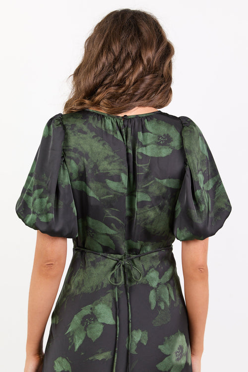 Shop Stage Green Shadow Garden Satin Puff Sleeve Floaty Maxi Dress | F Shop Stage Green Shadow Garden Satin Puff Sleeve Floaty Maxi Dress | F
