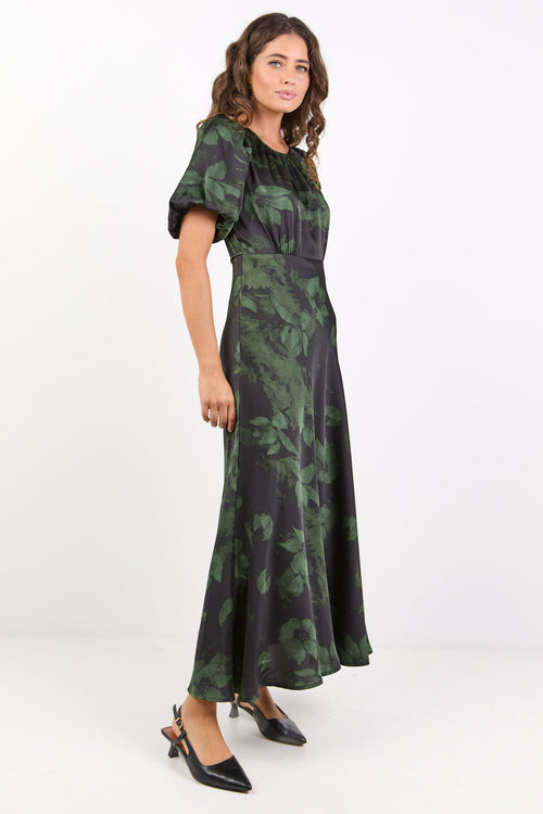 Shop Stage Green Shadow Garden Satin Puff Sleeve Floaty Maxi Dress | F Shop Stage Green Shadow Garden Satin Puff Sleeve Floaty Maxi Dress | F