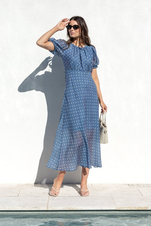 Stage Blue Sheer Polka Dot Puff Sleeve F