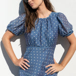 A woman wearing a blue puff-sleeve midi dress with white polka dots, styled with black sunglasses, posing against a white wall.