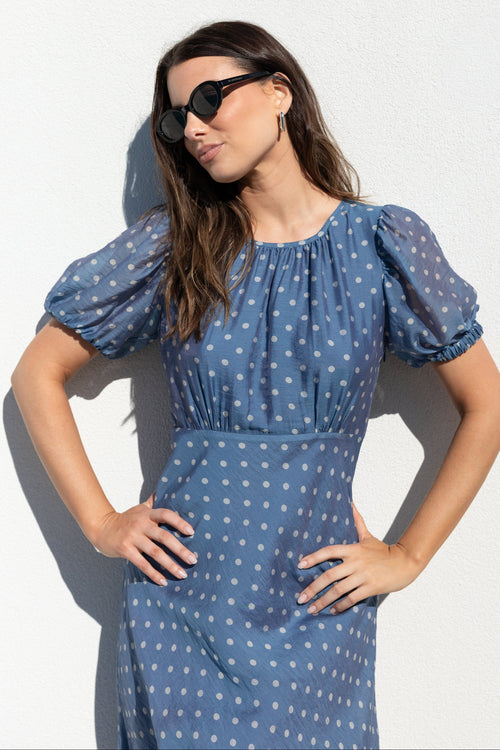 A woman wearing a blue puff-sleeve midi dress with white polka dots, styled with black sunglasses, posing against a white wall.