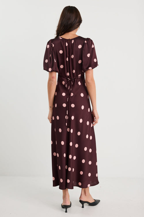 Shop Stage Plum Polka Dot Puff Sleeve Satin Floaty Maxi Dress | Flo & Shop Stage Plum Polka Dot Puff Sleeve Satin Floaty Maxi Dress | Flo &