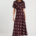 Stage Plum Polka Dot Puff Sleeve Satin Floaty Maxi Dress