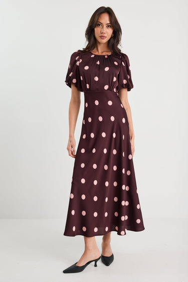 Stage Plum Polka Dot Puff Sleeve Satin Floaty Maxi Dress
