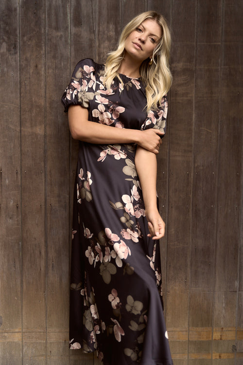 Shop Stage Black Floral Satin Puff Sleeve Floaty Maxi Dress | Flo & Fr Shop Stage Black Floral Satin Puff Sleeve Floaty Maxi Dress | Flo & Fr