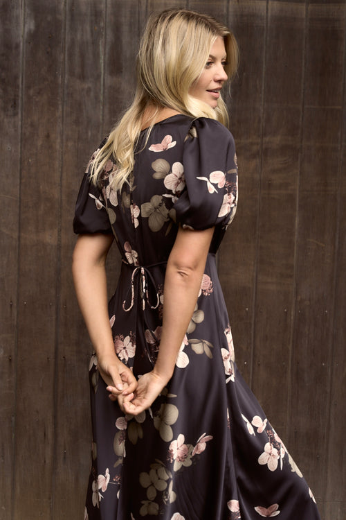 Shop Stage Black Floral Satin Puff Sleeve Floaty Maxi Dress | Flo & Fr Shop Stage Black Floral Satin Puff Sleeve Floaty Maxi Dress | Flo & Fr