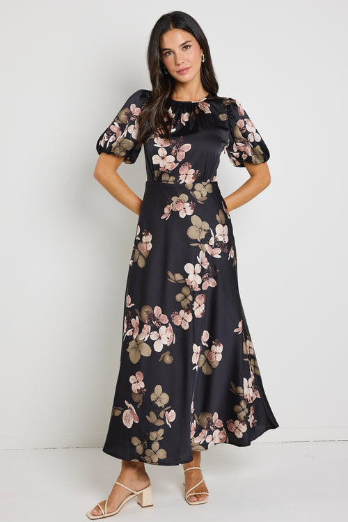 Shop Stage Black Floral Satin Puff Sleeve Floaty Maxi Dress | Flo & Fr Shop Stage Black Floral Satin Puff Sleeve Floaty Maxi Dress | Flo & Fr