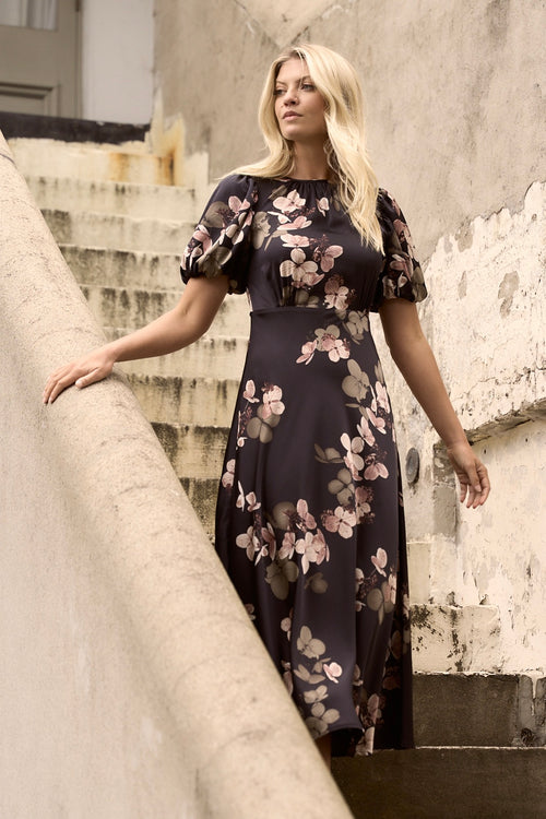 Shop Stage Black Floral Satin Puff Sleeve Floaty Maxi Dress | Flo & Fr Shop Stage Black Floral Satin Puff Sleeve Floaty Maxi Dress | Flo & Fr
