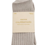 Stone cosy ribbed socks in Stories Be Told packaging with soft plush fibres and ribbed texture.