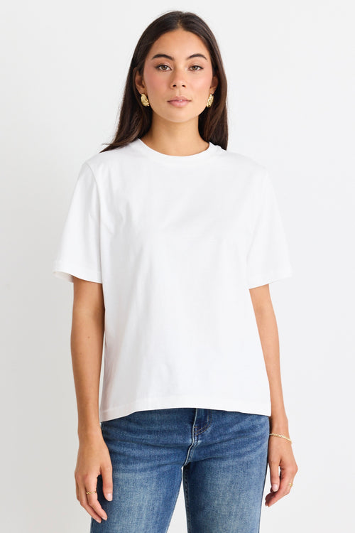 model wears a white t-shirt