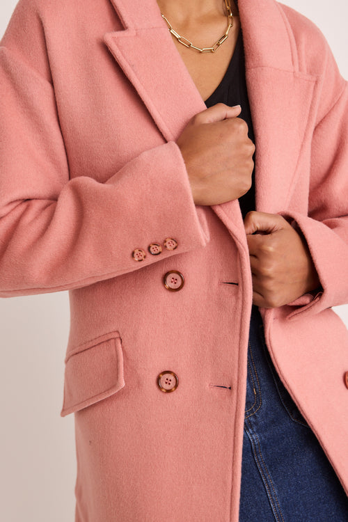 model wears a pink coat