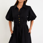 Sundown Black Puff Short Sleeve Mini Shirt Dress