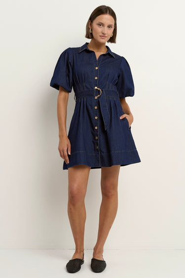 Model wears a denim mini collared short sleeve dress