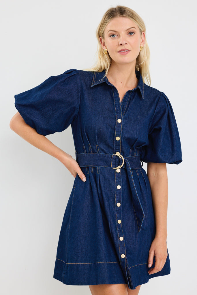 2469 Indigo Puff Sleeve Shirt Dress