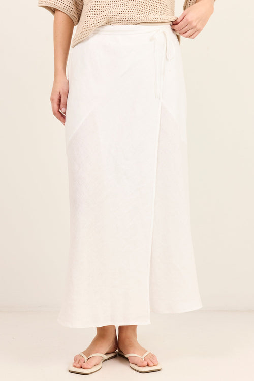 A model wearing a beige knit short-sleeve top and a white wide-leg midi skirt, paired with beige flip-flop sandals, against a plain cream background.