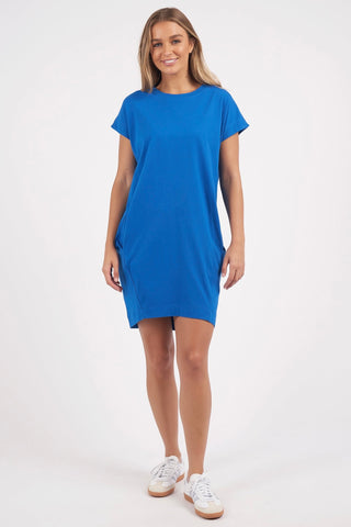model wears a blue t shirt dress 
