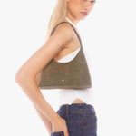 Khaki faux suede shoulder bag with a single strap, structured crescent shape, and gold zip closure, shown front-facing on a white background.